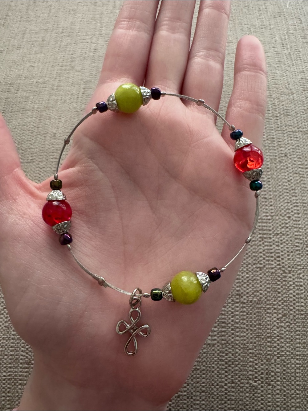 Green & Red Beaded Cross Charm Bracelet for Women